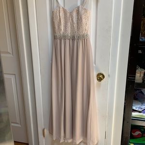 Long strapless cream colored formal dress